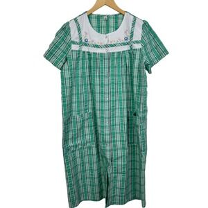 PINKK Women's Green Plaid Embroidered Nightgown Dress Medium Short Sleeve